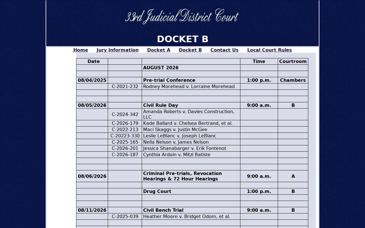 Allen Parish court schedule Docket B calendar