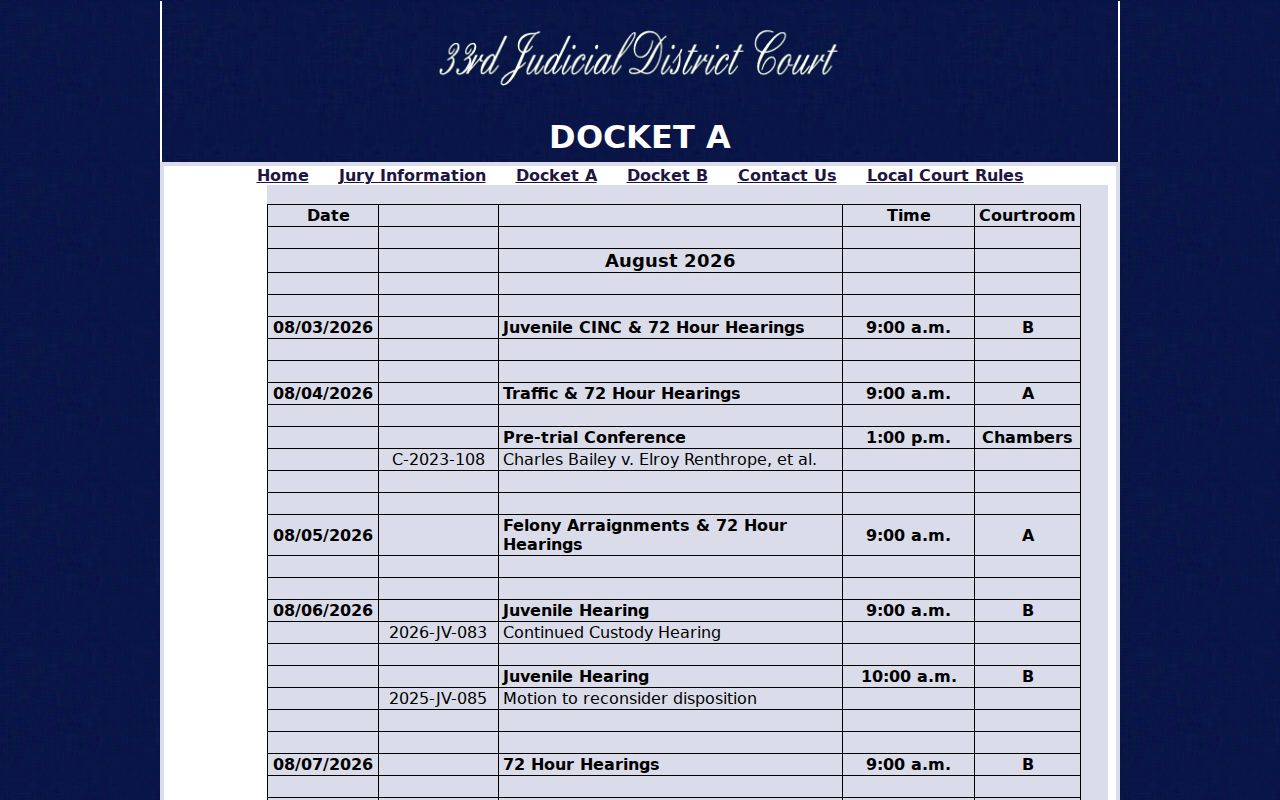 Allen Parish criminal court docket Docket A calendar